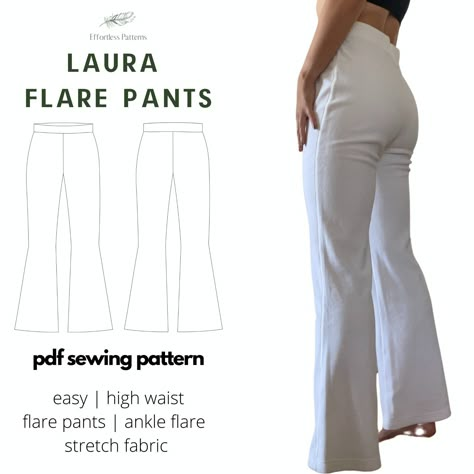 SHORT DESCRIPTION The LAURA FLARE PANTS sewing pattern is an easy, yet chic and minimalistic sewing pattern that is perfect for all seasons. It is best made with stretchy fabric and shouldn't take you more than 1h to make total. I recommend a blend of Bamboo stretch fabrics. I use this pattern to make lounge wear and sleep wear sets. The instructions include both A4 and Letter printable PDFs with size ranges from S-XXL. It is a great first time sewing project. ALSO AVAILABLE: LAURA LOUNGE WEAR C Stretchy Knit Pants, Modern Clothes Patterns, Work Clothes Sewing Patterns, Sew Lounge Wear, Sewing Beginners Clothes, Flared Pants Sewing Pattern, Sewing Patterns Two Piece Set, Basics Sewing Patterns, Sewing Flared Pants