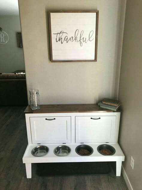 Dog Home Renovations, Coffee Bar With Dog Food Storage, Dog Food Feeding Station, Dog Food Station For Two Dogs, Farmhouse Dog Food Storage, Dog Food Corner, Dog Food Area Ideas, Dog Corner Ideas Decor, Dog Bowl Area