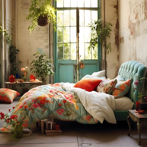 #boho #teal #peach #floral #plants #plantsofinstagram #anthro #bedroom #bedroomideas #bedroomdecoration #bedroomgoals #cozy #dreamy # bright #happyplace #happy #sunny #dreamglam Colourful Bedroom Ideas Bright Modern, Peach And Teal Bedroom, Anthro Bedroom, Couples Room, Colorful Boho Bedroom, Tiny Room, Teal Bedroom, House Aesthetic, Beautiful Bedroom