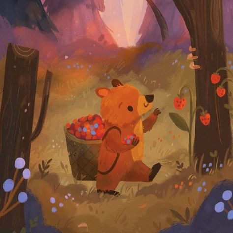 Raahat Kaduji ↟ Illustrator on Instagram: "Here's a small introduction to another woodland character from I'm Not Scary. Meet Beattie the little bear. She has slightly different names in foreign language editions, but she's still the same brave and curious cub in each. 🐻🦇🍓✨ I'm Not Scary is my debut picture book, out now with #AlisonGreenBooks @scholastic_uk 🌟" Forest Animals Illustration, Berry Picking, Picture Books Illustration, Book Illustration Art, Cute Doodles Drawings, Dessin Adorable, Art Photos, Autumn Art, Fall Wallpaper