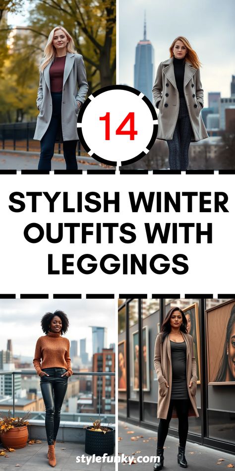 Winter is here, and that means it's time for some cozy layering! Check out these 14 stylish winter outfits featuring leggings that will keep you snug and chic all season long. From longline blazers paired with fitted tops and stirrup leggings to turtleneck sweaters combined with faux leather leggings and heeled booties, we've got fashion ideas to keep you warm. Whether you're heading out or lounging at home, these outfits are perfect for any occasion this winter. Xmas Leggings Outfit, Christmas Outfit With Leggings, Christmas Outfit Leggings, Leggins Winter Outfits, Dressy Leggings Outfit Winter Classy, Chic Leggings Outfit Winter, How To Wear Leggings 2024, Long Sweater Outfits Leggings, Warm Leggings Outfit