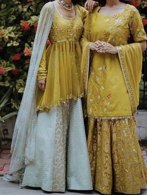 Haldi Ceremony Outfit Designer, Modest Haldi Outfits, Haldi Outfits For Sister, Sangeet Dresses, Indian Bridal Wear Red, Peplum Suit, Party Wear Long Gowns, Pakistani Dresses Party, Ceremony Outfit