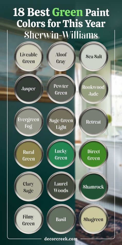 The image displays the title "18 Best Green Paint Colors for This Year Sherwin-Williams" with eighteen labeled paint swatches arranged in a grid. The colors include:

Liveable Green
Aloof Gray
Sea Salt
Jasper
Pewter Green
Rookwood Jade
Evergreen Fog
Sage Green Light
Retreat
Rural Green
Lucky Green
Direct Green
Clary Sage
Laurel Woods
Shamrock
Filmy Green
Basil
Shagreen Leaf Green Paint Colors, Fresh Green Paint Colors, Sw Green Paint, Green Paint Room, Sherwin Williams Paint Colors 2024, Behr Green Paint Colors Bedrooms, Kelly Green Paint Color, Best Sherwin Williams Green, Neutral Green Paint Colors