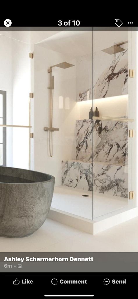 Marble And Wood Master Bath, Separate Vanity Master Bath, Modern Bathroom Tub, White Marble Interior, Grand Bathroom, White Marble Shower, Organic Bathroom, Quartz Bathroom, Tub Design