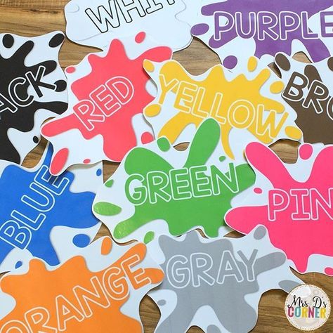 The last piece to finish the puzzle that is my classroom. Color splat wall posters! (FREE on my blog! http://Mrsdscorner.com and click on FREEBIES!) Shapes And Colors Classroom Door, Free Color Posters For Preschool, Free Class Decor Printables, Preschool Classroom Decor Themes Free Printable, Color Posters For Classroom Free, Pre K Classroom Decor, Colors For Kids Learning, Colors Chart Preschool, Toddler Classroom Decorations