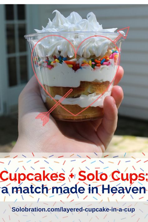 Hungry to impress your guests? This layered cupcake in a SOLO Cup will wow them. Cupcakes In A Cup Ideas, 5 Oz Dessert Cups, Cupcake Parfait Cups, Cake In A Cup Design, Diy Cake Cups, Easy Food Truck Desserts, Birthday Cake Cups, Layered Desserts In A Cup, Layered Cake In A Cup