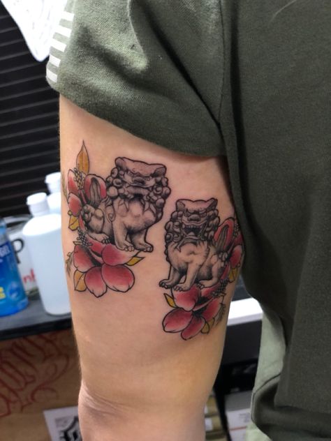 Okinawa Tattoo Ideas, Okinawa Tattoo, Guardian Tattoo, Godzilla Tattoo, Pair Tattoos, Foo Dog Tattoo, Outer Forearm Tattoo, Bunny Tattoo, Line Tattoo Ideas