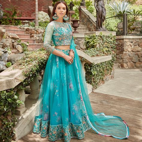 LASHKARAA on Instagram: “Dive into the deep sea in this stunning style! 🌊🐋🤩 Tap to shop the ‘Sea Blue Floral Embroidered Lehenga’ from our new GARDEN GALA…” Garden Gala, Lehenga Inspiration, Wedding Saree Blouse, Bridesmaid Saree, Stunning Style, New Garden, Embroidered Lehenga, Sea Inspired, Wedding Saree