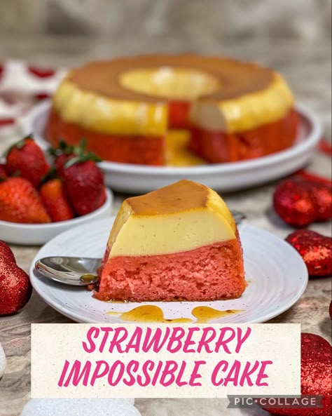 #flan #caramel #strawberry #cake #strawberrycakerecipes #chocoflan #valentines Flan With Cake, Vanilla Flan Cake, Red Velvet Flan Cake, Flan With Fruit, Chocoflan With Strawberries, Fresa Flan Cake, Strawberry Chocoflan, Flan Cake Recipe Easy, Strawberry Flan Cake