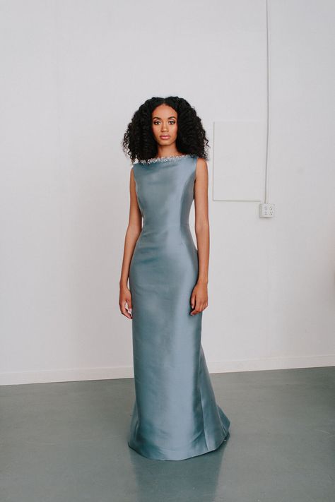 V Back Charlotte Gown with Swarovski Crystal Catherine Regehr, Rose Gown, Grey Gown, Add Sleeves, Off Shoulder Gown, Embellished Collar, Resort 2020, Boat Neck Dress, Trumpet Skirt