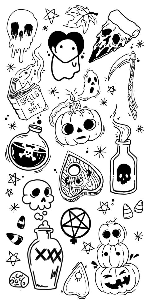 Spooky Sticker Tattoos, Small Simple Goth Tattoos, Simple Tattoos Halloween, Halloween Tattoo Flash Art Simple, Small Gothic Flash Tattoos, Simple Halloween Drawings Aesthetic, Horror Flash Tattoo Sheet, Fall Tattoo Flash Sheet, Spooky Flash Art