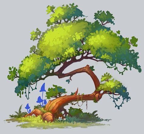 2d Tree Design, Stylized Tree Drawing, Stylized Tree Concept Art, Fantasy Tree Concept Art, Plant Art Reference, Tree Art Reference, Tree Drawing Reference, Trees Concept Art, Plants Concept Art