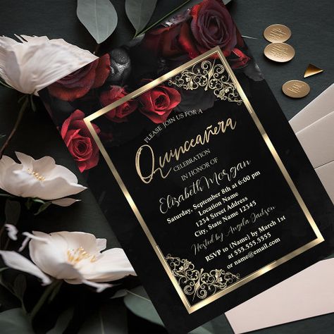 $2.85 | Chic Red Roses Gold Frame Black Quincea�era | Quinceanera Invitations | gold, frame, floral, flowers, roses, red, quince, 15th, surprise, gothic Flowers Roses Red, Emerald Green Wedding Theme, Invitations Quinceanera, Red Quince, Black And Red Roses, Surprise Birthday Invitations, Quince Invitations, Floral Birthday Invitations, Ros Gold