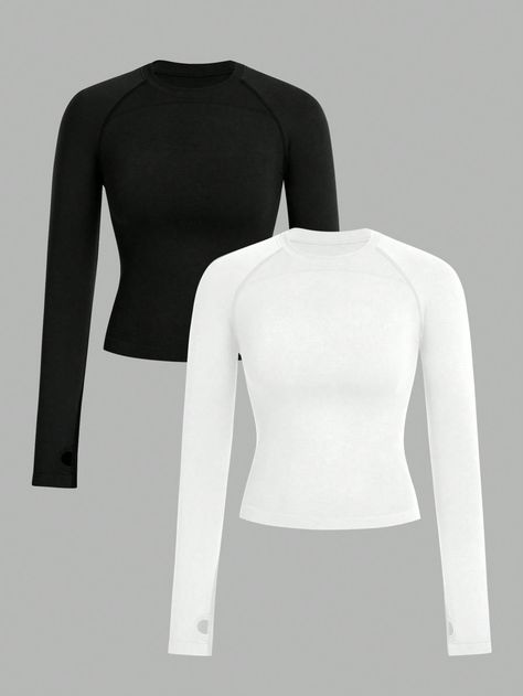 SHEIN Sport Studio Women's Solid Color Round Neck Inserted Sleeve Long Sleeve Sports T-Shirt/Seamless/Thumb HoleI discovered amazing products on SHEIN.com, come check them out! Rarity Costume, Shirt With Holes, Shirts With Holes, Volleyball Shirt, Boys Denim, Slim Fit Top, Sports T Shirt, White Long Sleeve Shirt, Sport T-shirts