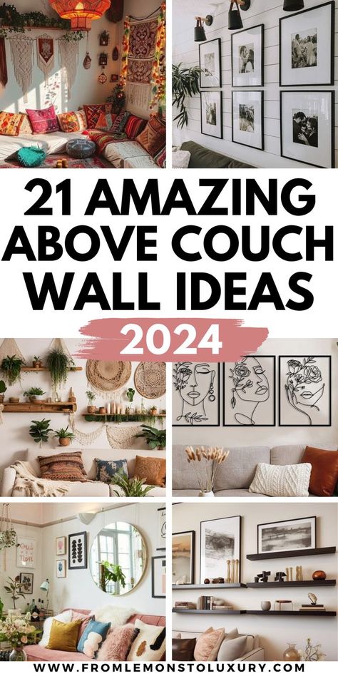 above the couch wall decor ideas Family Wall Living Room, Wall Idea Behind Sofa, What To Put On Living Room Walls, Decor Ideas For Big Walls Living Room, Simple Over The Couch Wall Decor, Mirrors Above Couch Living Room, Above Mantle Wall Decor Living Room, Living Room Photo Wall Ideas Above Couch, Picture Wall Behind Sofa