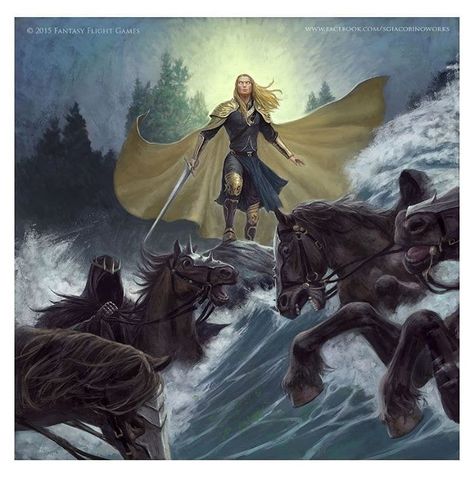 Glorfindel at the Ford of Bruinen by Sebastian Giacobino John Howe, Tolkien Elves, Middle Earth Art, Tolkien Art, Lotr Art, Jrr Tolkien, Gandalf, Arte Fantasy, Middle Earth