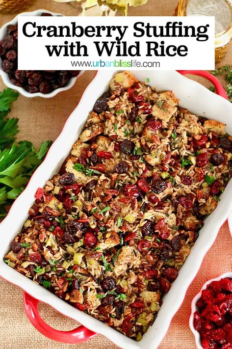 Cranberry Wild Rice Stuffing, Wild Rice Dressing Thanksgiving, Wild Rice Dressing Stuffing, Wild Rice Stuffing Thanksgiving, Thanksgiving Rice Recipes, Wild Rice Recipes Side Dishes, Wild Rice Dressing, Wild Rice Stuffing Recipes, Cranberry Wild Rice