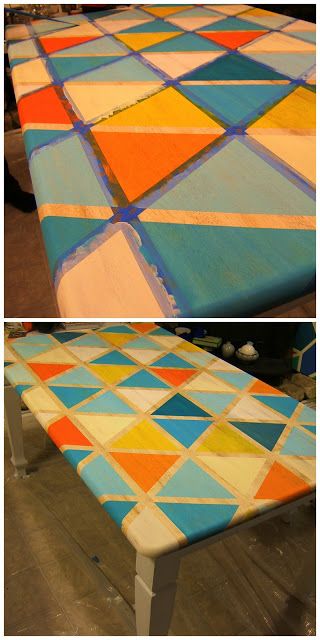 Nine Red: How To: DIY Triangle Pattern Kitchen Tabletop Diy Kitchen Table, Hutch Makeover, Kitchen Table Makeover, Diy Posts, Table Makeover, Diy Makeover, Painting Furniture Diy, Triangle Pattern, Painted Table