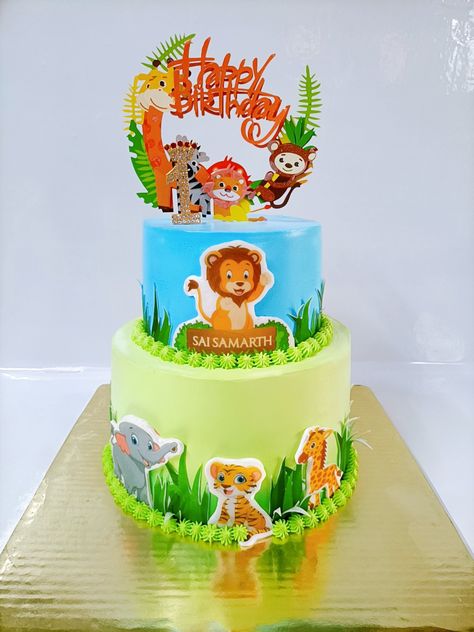 Safari Theme Cake Design, Jungle Theme Cakes 1st Birthday, Safari Theme Cake 1st Birthdays, Jungle Theme Cake Design, Jungle Theme Cake Boys, 2 Tier Birthday Cake Boy, Animal Theme Cakes For Kids, Car Theme Cake Boys, Safari Cake Design