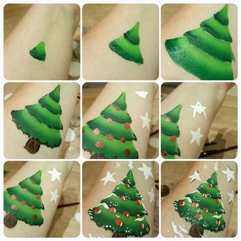 Christmas Tree Face Paint, Easy Christmas Face Paint, Tree Face Painting, Christmas Face Painting Easy, Tree Face Paint, Face Painting Tips, Christmas Face Painting, Arm Painting, Face Paint Kit