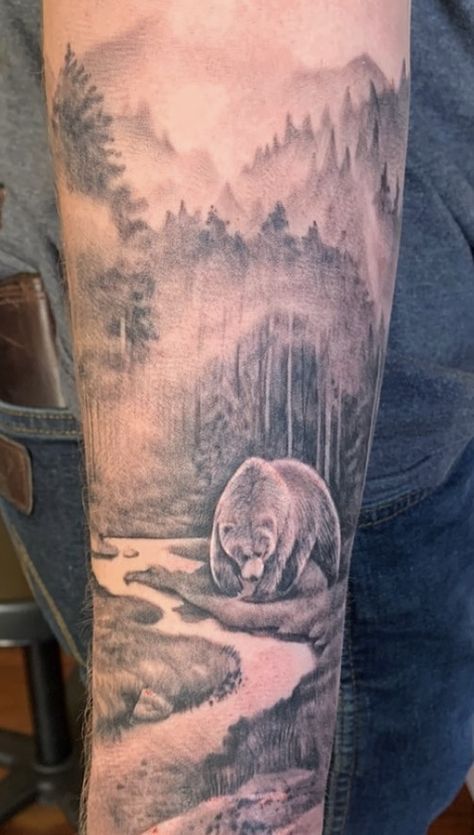 Pnw tattoo done by a guest artist from South Korea in Los Angeles Bear Sleeve Tattoo Men, Mountain And Bear Tattoo, Mama Bear Sleeve Tattoo, Bear Hunting Tattoos, Women Bear Tattoo, Forest Bear Tattoo, Bear Fishing Tattoo, Bear Half Sleeve Tattoo, Realistic Bear Tattoo