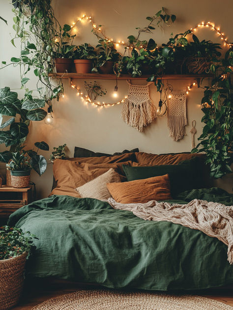 Transform your bedroom into a cozy haven with soft blankets, lush greenery, and warm fairy lights. This natural, boho-inspired design creates the perfect restful retreat. Time to refresh your home vibes with simple, calming touches! 🪴✨ #BedroomRefresh #CozyVibes #HomeDecor Greenery Bedroom Aesthetic, Cozy Astetic Bedrooms, Earthy Green Bedroom Ideas, Fairy Lights Bedroom Ideas Simple, Olive Green Rooms, Earthy Bedroom Aesthetic, Apartment Updates, Light Green Bedrooms, Home Vibes