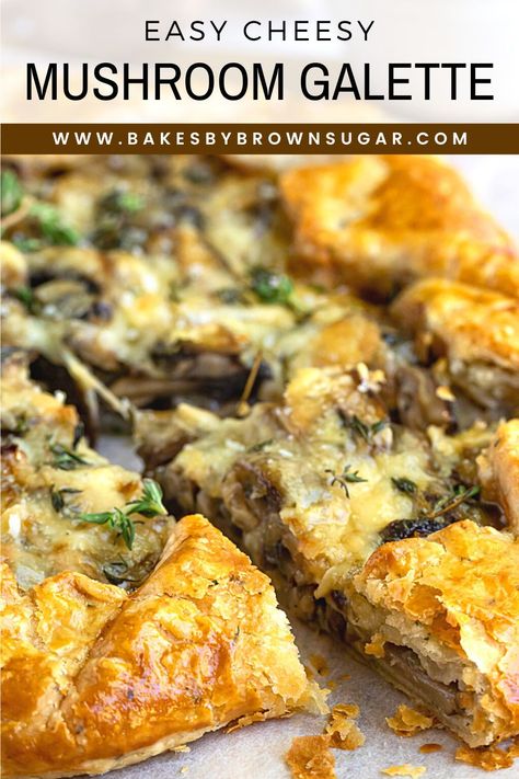 This Mushroom Galette recipe is inspired by an agricultural tour I took with California Grown. It's filled with meaty shiitake mushrooms, sweet shallots, and fresh herbs and topped with a nutty Gruyere cheese. This delicious savory galette is sure to become a dinner-time favorite. Get the recipe at Bakes by Brown Sugar #bakesbybrownsugar #cagrown #galette #mushrooms #dinner #appetizer Spinach Mushroom Galette, Breakfast Galette Recipe, Savory Patisserie, French Galette Recipe Savory, Mushroom Galette Recipe, Mushroom Gallete Recipe, Galette Recipes Savory, Savory Galette Recipe, Galette Dough Recipe