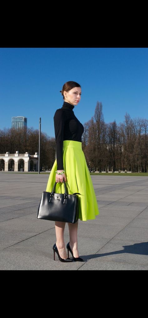 Colorful Midi Skirt Outfit, Lime Skirt Outfit, Black Turtleneck Photoshoot, Winter Colour Palette Outfits, Turtleneck Photoshoot, Green Skirt Fall, Neon Green Skirt, Lime Green Outfit, Louboutin Heels Black