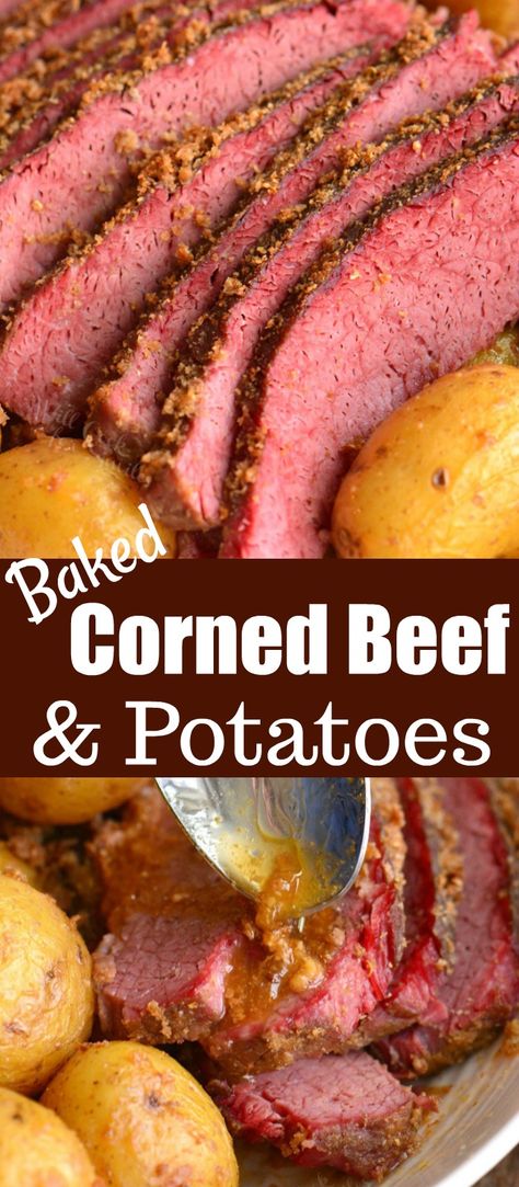 Tender, flavorful corned beef brisket cooked in the oven with mustard rub, onions, and baby gold potatoes. It's an easy dinner with amazing results. #cornedbeef #beef #brisket #potatoes #oven Corn Beef And Potatoes, Baked Corn Beef, Brisket Potatoes, Bake Potatoes In Oven, Corned Beef And Potatoes, Cooking Corned Beef Brisket, Baby Gold Potatoes, Potatoes Oven, Baked Corned Beef