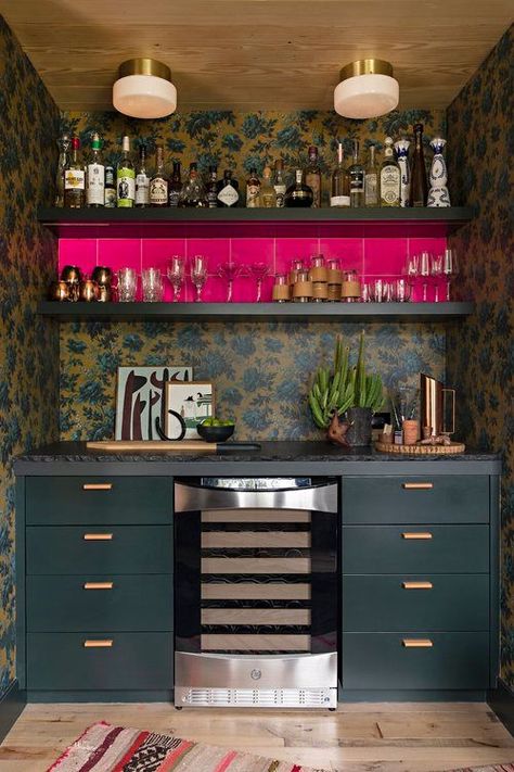 Glass Bar Shelves, Eclectic Bar, Raili Clasen, Wet Bar Designs, Bar Nook, Home Wet Bar, Built In Wine Rack, Pink Bar, Bar Shelves