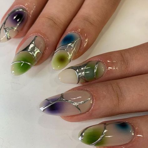 Aura Nails Designs, Halo Nails, Nail Design Glitter, Aura Nails, Airbrush Nails, Nails Trends, Spotify Apple, Kawaii Nails, Oval Nails