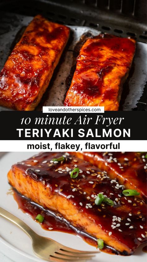 Salmon Recipes Air Fried, Airfryer Recipes Salmon, Easy Dinner For One Air Fryer, Fried Salmon Recipes Air Fryer, Salmon Glaze Air Fryer, Sweet Teriyaki Salmon, Air Fryer Bbq Salmon, Salmon Air Fyer Recipes, Best Air Fried Salmon