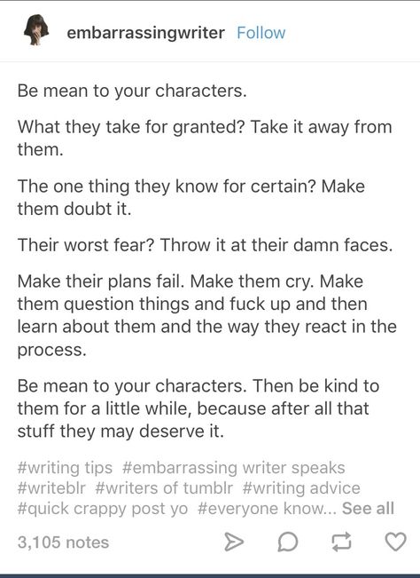 found this on tumblr! writingtips Good Story Plot Ideas, How To Break A Character, Love Plot Ideas, Problems For Characters, How To Make A Good Story Plot, Love Story Plot Ideas, Love Story Plots, Story Plots Ideas, Story Plot Ideas