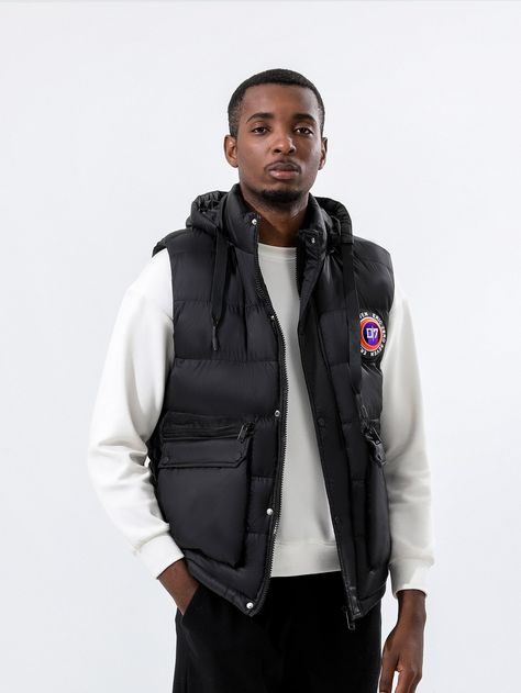 Hooded Puffer Vest, Men Outerwear, Mens Winter Coat, Vest Coat, Mens Outerwear, Puffer Vest, Men Winter, Black Casual, Flap Pocket