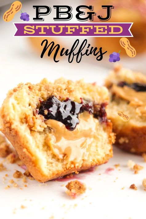 Peanut Butter And Jelly Muffins | A baJillian Recipes (title) Muffins Peanut Butter, Stuffed Muffins, Peanut Butter And Jelly Muffins, Peanut Butter Jelly Recipes, Jelly Muffins, Fluffy Muffins, Bacon Muffins, Peanut Butter Jelly Time, Peanut Butter Muffins