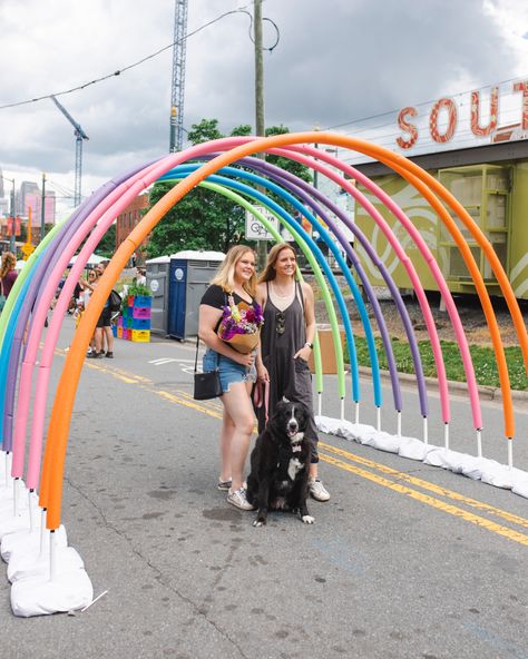 Row of pool noodle arches to look like a rainbow Pool Noodle Installation, Pride Art Installation, Photo Op Ideas Events, Diy Outdoor Stage, Pool Noodle Backdrop, Pride Event Decor, Festival Event Ideas, Pride Event Ideas, Pool Noodle Arch