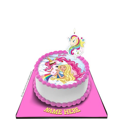 Barbie Cake with unicorn Candle | Caker Street Barbie Unicorn Cake, Cake With Unicorn, Barbie Bday, Unicorn Barbie, Unicorn Candle, 7th Birthday Cakes, Barbie Birthday Cake, Unicorn Themed Birthday Party, Cartoon Cartoon