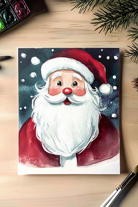 Hand-painted Christmas card featuring a cheerful Santa with a red hat and white beard. Drawing Related To Christmas, Christmas Drawing Painting, Christmas Theme Paintings, Christmas Theme Painting Ideas, New Year Card Making Ideas For Kids, Christmas Theme Drawings, Santa Clause Paintings, Santa Watercolor Christmas Art, Christmas Card Art Drawing