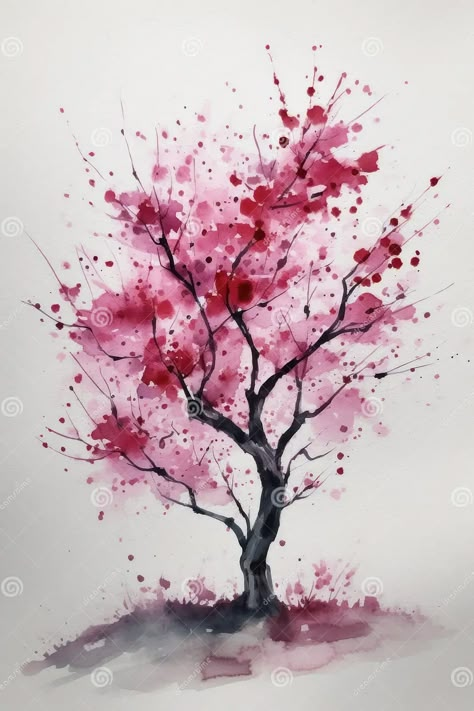 Watercolour Japan, Redbud Tree Tattoo, Watercolor Painting Tree, Minimalistic Watercolor Painting, Japan Watercolor Painting, Minimalist Illustration Art, Watercolour Nature, Watercolor Japanese Art, Sakura Tree Painting