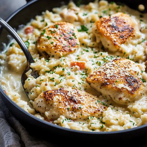 Chicken And Rice Alfredo Recipes, Creamy Chicken And Rice One Pot, Chicken Rice Asparagus Recipes, Parmesan Chicken And Rice, Creamy Parmesan Rice, Baked Meals, Creamy Parmesan Chicken, Chicken And Rice Recipe, Creamy Chicken And Rice