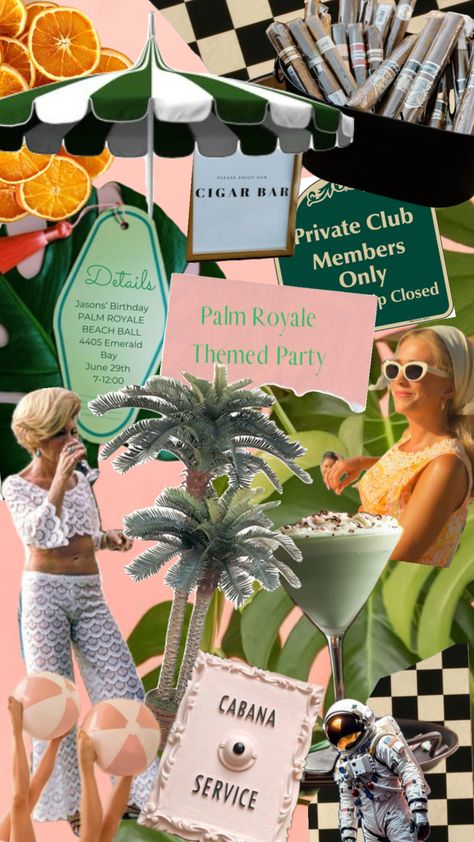 #myfirstshuffle #palmroyale #palmroyaleparty Shake Ya Palm Palms Bachelorette, Resort Birthday Party Ideas, Palm Royale Party Decor, Palm Royale Bachelorette, Palm Royale Party Theme, Palm Springs Themed Party, Palm Royale Aesthetic, Palm Royale Party, Tropical Disco Party