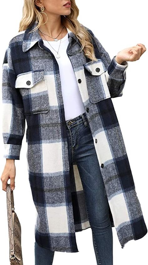 How to Style Shackets | Amazing Stylish Shackets that are IN this 2021- Shacket Outfit Women, Long Flannel, Shacket Outfit, Flannel Coat, Mode Kimono, Long Coat Jacket, Womens Jackets Casual, Flannel Jacket, Plaid Coat