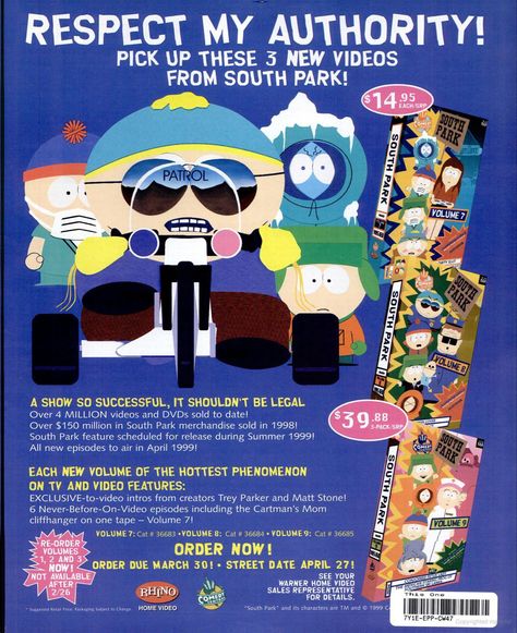 South Park Magazine, South Park Poster Vintage, 2000s Advertisements, Southpark Poster, South Park Room, South Park Video, South Park Poster, Billboard Magazine, Bedroom Wall Collage