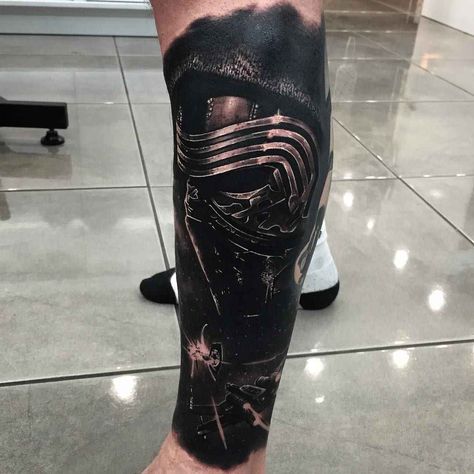 Kylo Ten Tattoos, Black Cover Up Tattoo, Kylo Ren Tattoo, Darth Maul Tattoo, Star Wars Tattoo Sleeve, Holy Tattoos, Cover Up Tattoos For Men, Australia Tattoo, Hyper Realistic Tattoo