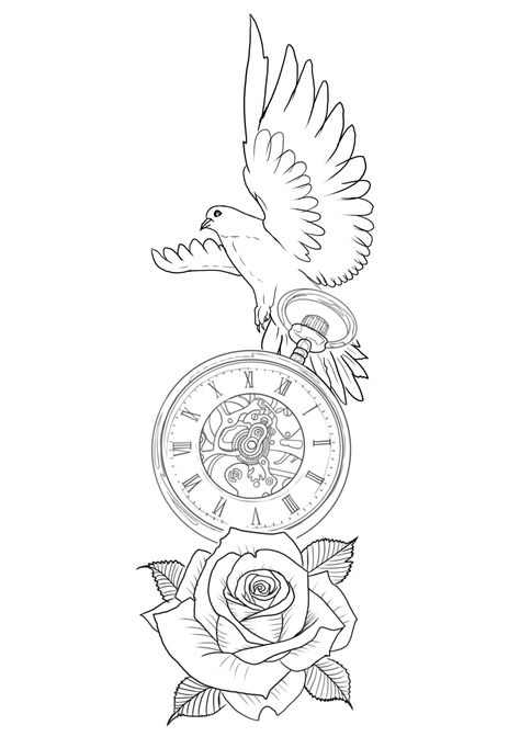 Dove Clock Rose Tattoo Design, Dove And Rose Tattoo, Time Clock Tattoo, Clock And Rose Tattoo, Star Tattoos For Men, Nautical Tattoo Sleeve, Watch Tattoo Design, Arm Tattoos Drawing, Dove Tattoo Design