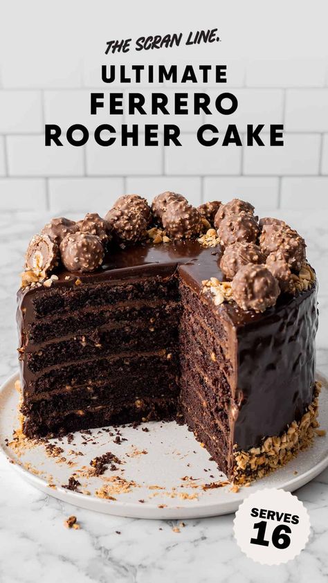 Rocher Cake, Ferrero Rocher Cake, Chocolate Sauce Recipes, Birthday Cake Decorating Ideas, Making Cakes, Hazelnut Cake, Cake Decorating Ideas, Chocolate Glaze, Cake Board