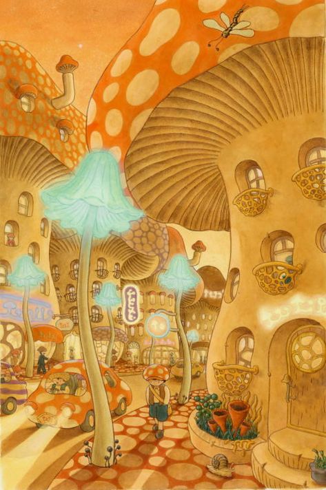 Mushroom Town by Shinya Komatsu. Mushroom City, Mushroom Houses, Mushroom House, Mushroom Art, Art Inspo, Fantasy Art, Art Ideas, Art Inspiration, Cottage