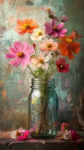 ↑↑↑ Larger size on website 🔸 A bouquet of pink, orange, and white cosmos flowers are arranged in a clear glass jar with a gold li White Cosmos Flowers, White Cosmos, White Cosmo, Rustic Wooden Table, Cosmos Flowers, Clear Glass Jars, Glass Mason Jars, Rustic Table, Glass Jar