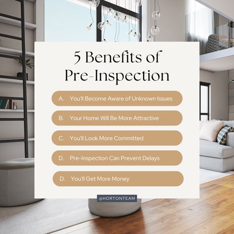 When was the last time you thoroughly examined your entire attic, crawlspace, or even your roof? While the benefits of a pre-inspection for your home are numerous, we’ve detailed a few of the most important ones below 👇 For more info, please visit https://hortonteam.com/5-benefits-pre-inspection/ Mortgage Marketing, Mortgage Loan Officer, Mortgage Loan, Loan Officer, Room Update, Home Inspection, Mortgage Loans, Keller Williams, The Last Time