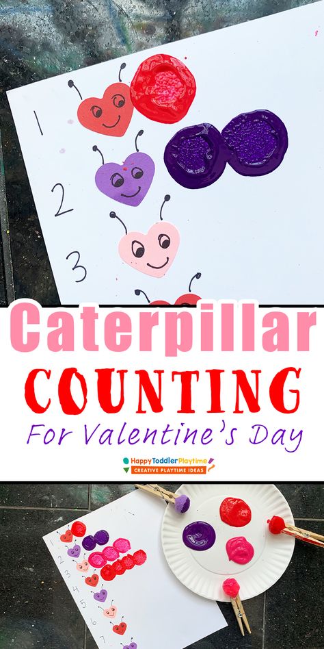 Pom Pom Caterpillar Counting for Valentine's Day - HAPPY TODDLER PLAYTIME Kids Activities Valentines Day, February Preschool Themes Ideas, Keepsake Valentine Crafts, Preschool Art Activities Valentines Day, Toddler Valentines Day Games, Valentines Theme Activities For Toddlers, Vday Preschool Crafts, February Eyfs Activities, Valentine’s Day For Preschoolers